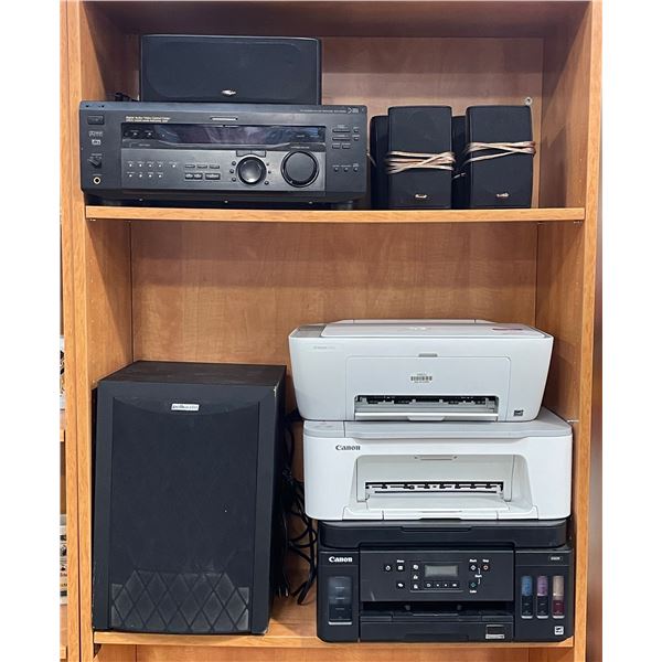 Group of assorted electronics - includes 2 Canon printers  / HP printer / Polk audio speaker system 