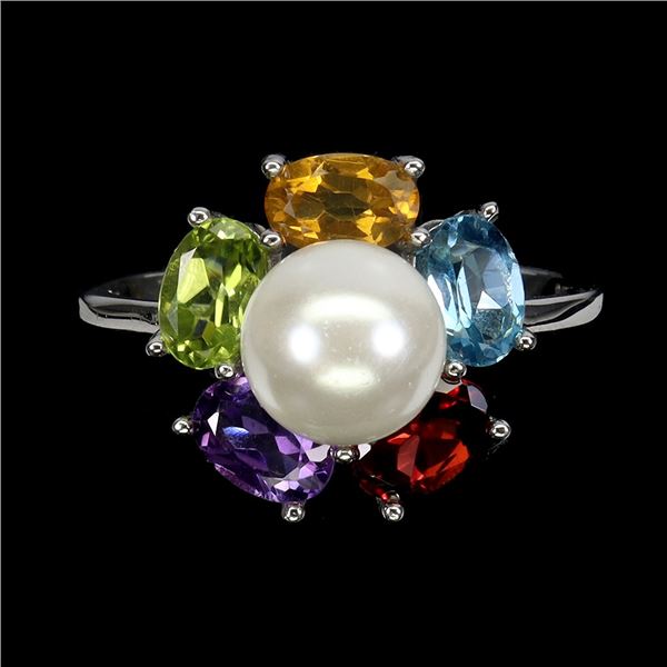 AMETHYST, GARNET, BLUE TOPAZ, GARNET, PERIDOT and PEARL Ring in 14 K Gold Plated 925 Sterling Silver