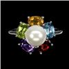 Image 1 : AMETHYST, GARNET, BLUE TOPAZ, GARNET, PERIDOT and PEARL Ring in 14 K Gold Plated 925 Sterling Silver