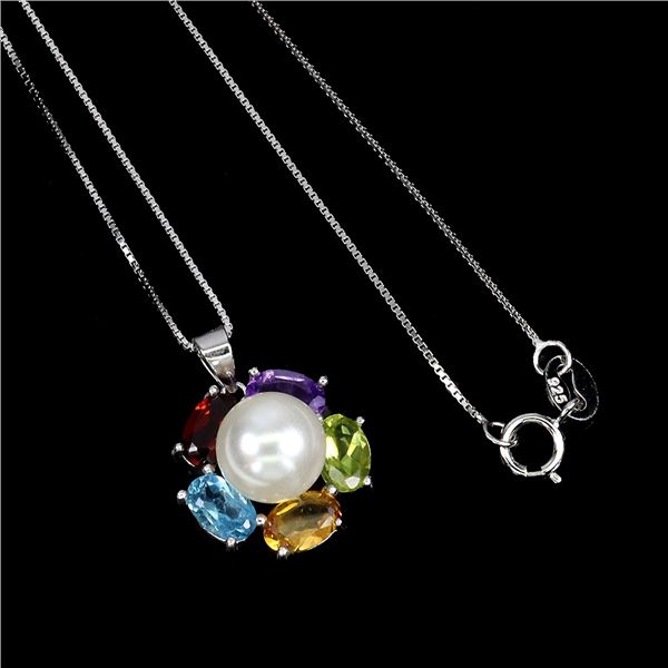 AMETHYST, GARNET, BLUE TOPAZ, GARNET, PERIDOT and PEARL Necklace in 14 K Gold Plated 925 Sterling Si