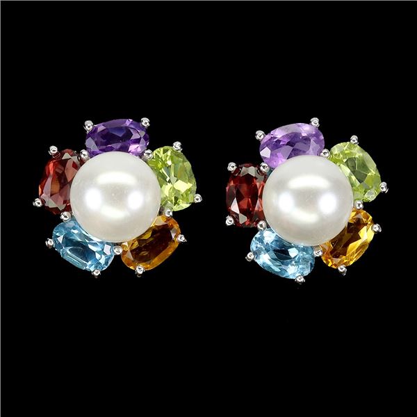 AMETHYST, GARNET, BLUE TOPAZ, GARNET, PERIDOT and PEARL Earrings in 14 K Gold Plated 925 Sterling Si