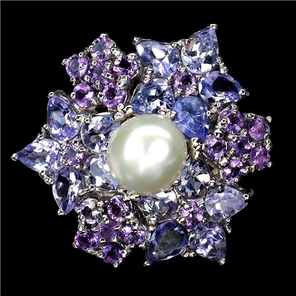 AMETHYST, TANZANITE and PEARL Ring in 14 K Gold Plated 925 Sterling Silver â€“ Siz