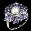 Image 2 : AMETHYST, TANZANITE and PEARL Ring in 14 K Gold Plated 925 Sterling Silver â€“ Siz