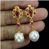 Image 2 : RUBY and PEARL Earrings in 14 K Gold Plated 925 Sterling Silver â€“ Appraised Repl