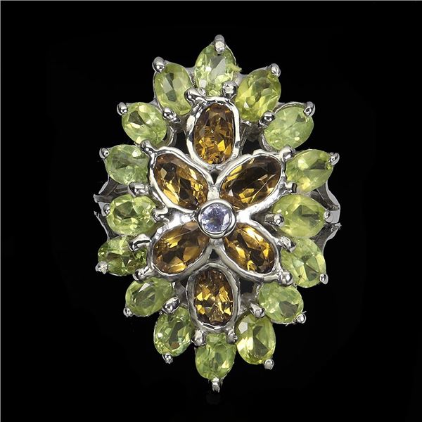 CITRINE, PERIODT, TANZANITE Ring in 14 K Gold Plated 925 Sterling Silver â€“ Size 