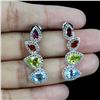 Image 2 : SWISS BLUE TOPAZ, MOZAMBIQUE GARNET, PERIDOT, RHODOLITE GARNET Earrings in 14k Gold Plated 925 Sterl