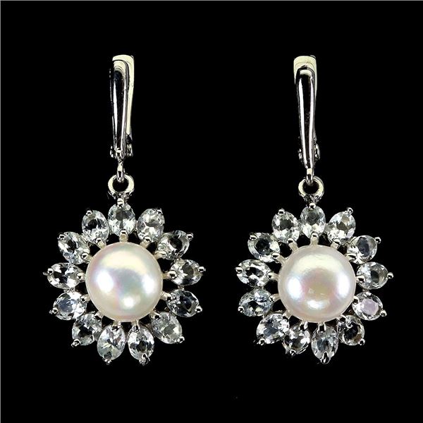 AQUAMARINE AND PEARL Earrings in 14k Gold Plated 925 Sterling Silver â€“ Appraised