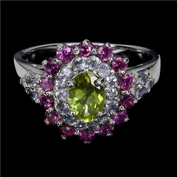 PERIDOT, GARNET and TANZANITE Ring in 14k Gold Plated 925 Sterling Silver â€“ Size