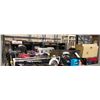 Image 1 : Shelf lot full of assorted tools - Mastercraft saw/ weed Wacker/ tripods/ toolboxes/ hard hats etc.