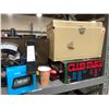 Image 2 : Shelf lot full of assorted tools - Mastercraft saw/ weed Wacker/ tripods/ toolboxes/ hard hats etc.