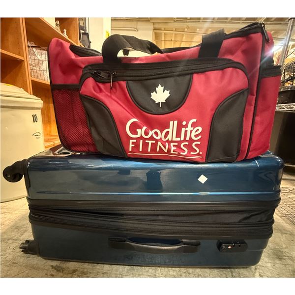 Samsonite luggage bag full of assorted clothing with Goodlife Fitness bag with contents