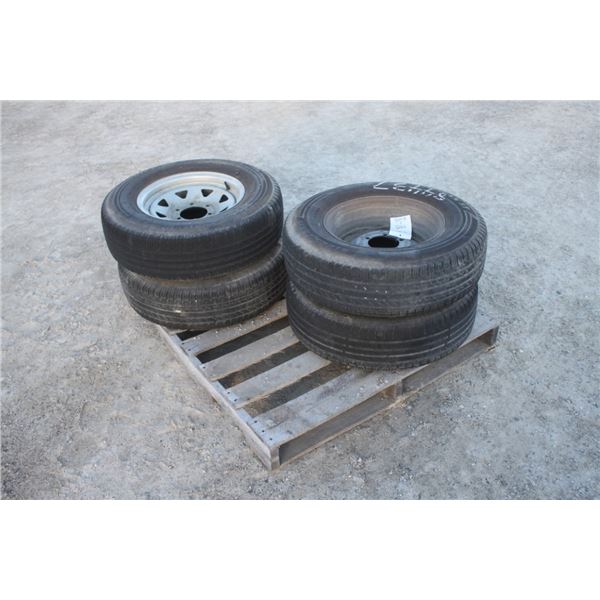 set of 4 used 225/75R15 trailer tires on 6 bolt rim