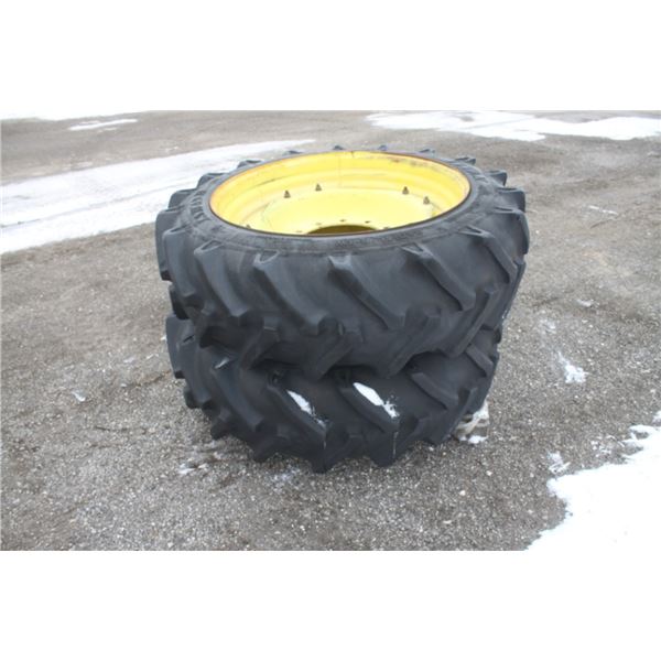 Pair of 430R953 (380/85R-30) tires and 12 bolt JD rims, 16 7/8 bolt circle, 14 5/8 pilot