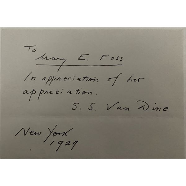 1929 S. Critic S. Van Dine aka Willard Huntington Wright signed note