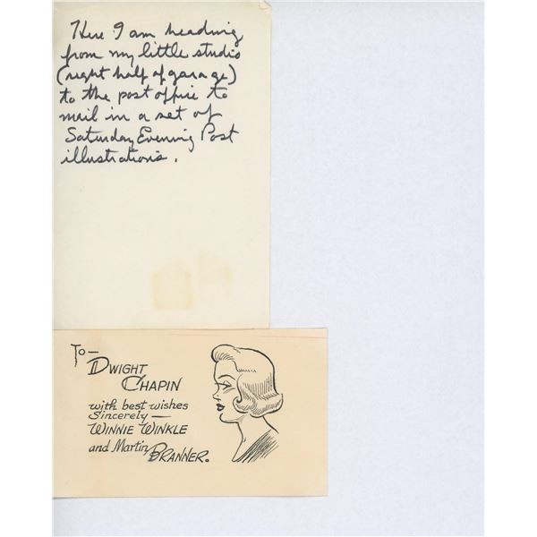 Winnie Winkle artist Martin Branner handwritten note and drawn sketch