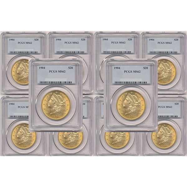 Ten (10) $20.00 Liberty Head Gold PCGS MS62