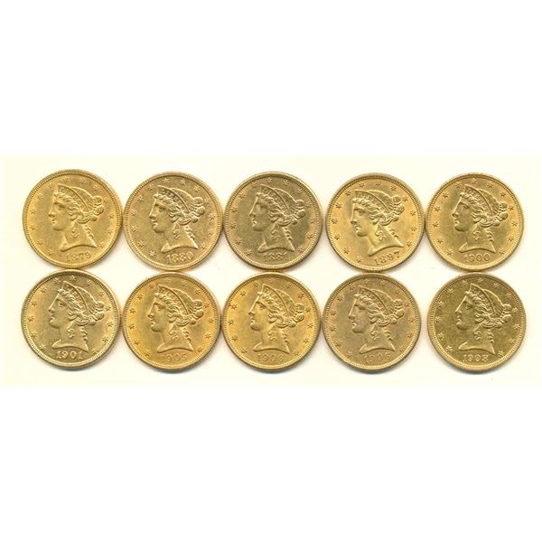 (10) Gold $5.00 Liberty Almost Mint