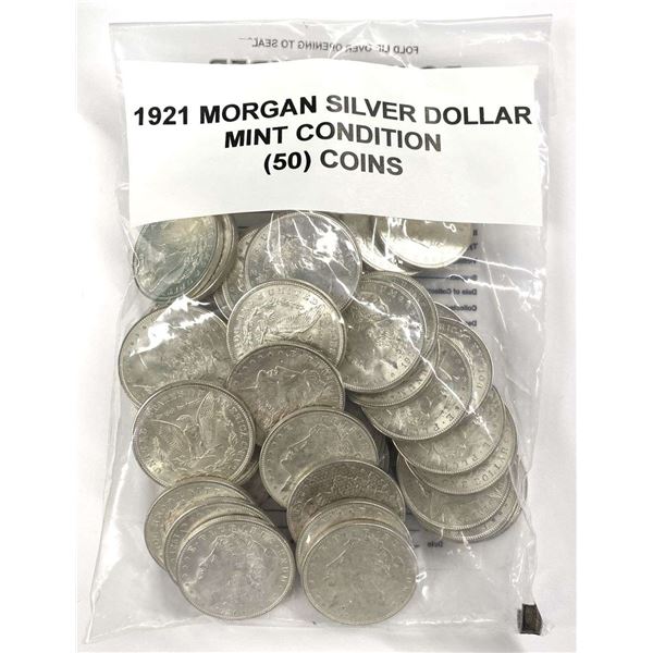 Mint Condition Original 1921 Morgan Silver Dollar (50-coins)