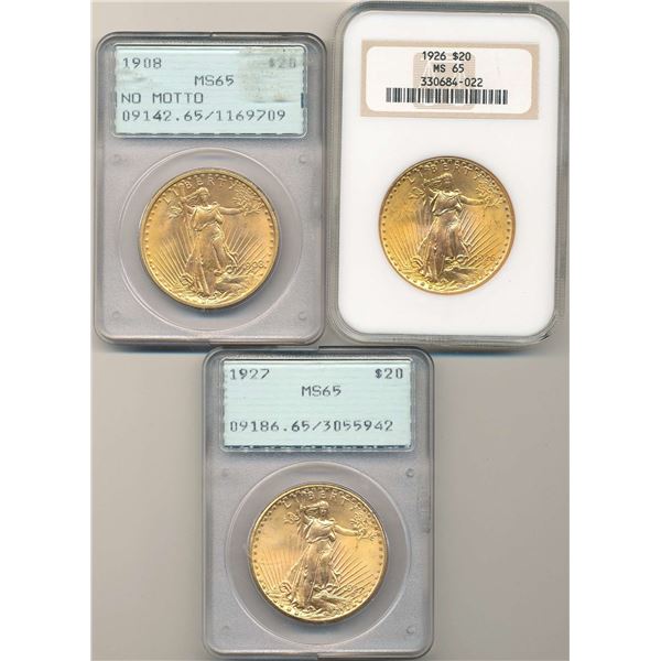 Last Minute! 1908-1927 Gold $20 Saint Gaudens PCGS/NGC MS65 Old Holders (3-coins)