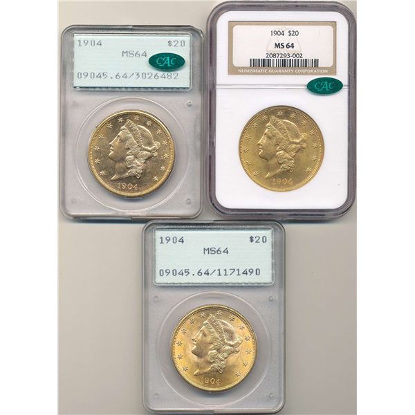 Last Minute! 1904 Gold $20 Liberty Heads PCGS/NGC Old Holders MS64 CAC (3-coins)