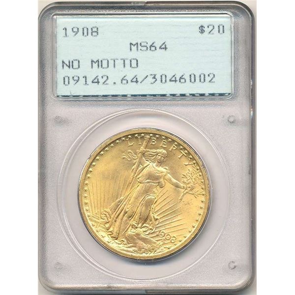 Last Minute! 1908 No Motto Gold $20 Saint Gaudens PCGS MS64 OGH