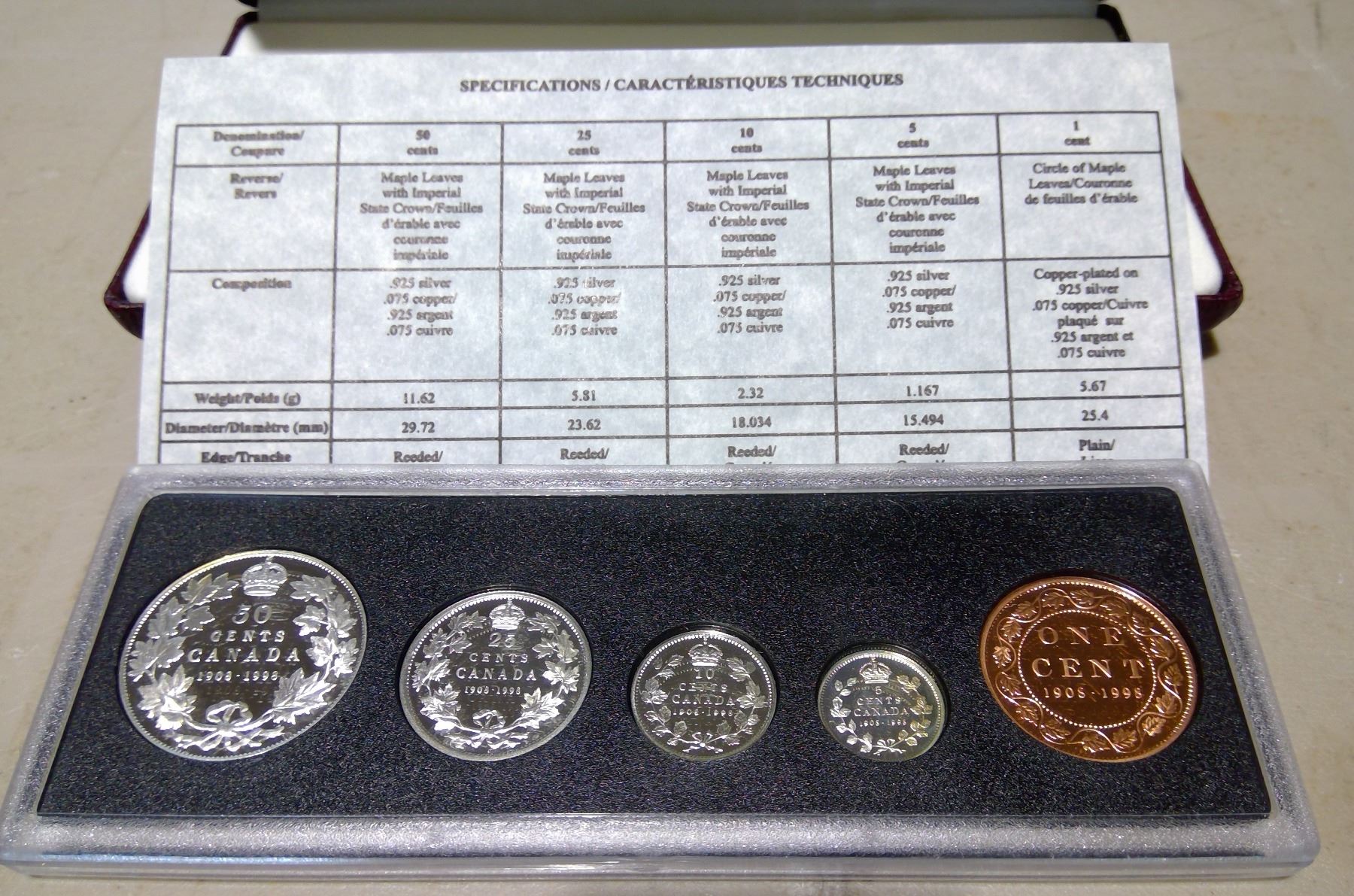 1908 Coin Set 1908-1998 Canada Silver Proof 5 Coin set 90th Anniversary set w/RCM ...