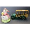 Image 2 : Precious moments "Ready for Avon Day" ceramic rabbit 5" 1980 and Avon woody station wagon bottle
