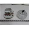 Image 1 : Covered crystal candy dish. 5" (13.5 cm) wide + matching mustache cup/saucer. Cup handle broken, glu