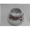 Image 2 : Covered crystal candy dish. 5" (13.5 cm) wide + matching mustache cup/saucer. Cup handle broken, glu