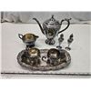 Image 1 : Silver plated tea pot, cream n sugar dishes, w/ tray plus 1 large creamer & salt n pepper shakers