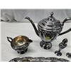 Image 3 : Silver plated tea pot, cream n sugar dishes, w/ tray plus 1 large creamer & salt n pepper shakers