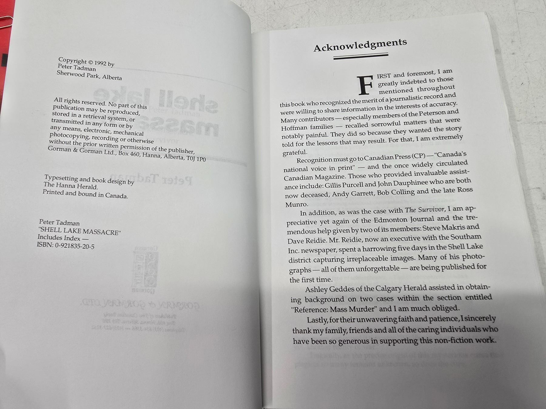 Shellake Massacre Shell Lake massacre book, author Peter Tadman - 1992