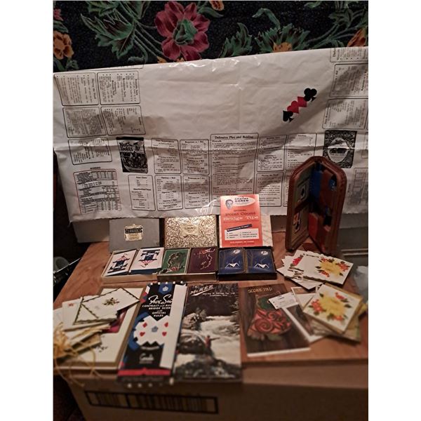 Vintage Bridge items including cards, instructions, tally sheets and more