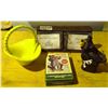 Image 1 : Lot of Hunting Themed Picture Stand Wine Holder, tin and yellow Basket