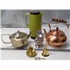 Image 1 : Misc. Lot; Donald Duck Coin Bank, EPNS Teapot, Brass bell and Candle Holder and Thermos Jug.