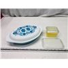 Image 1 : Pyrex dishes - Blue 1.5 Qt divided serving dish, w/ lid & Yellow butter dish, w/ extra lid