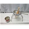 Image 1 : Vintage sifter/colander w/ stand and roller & Vintage honey tin