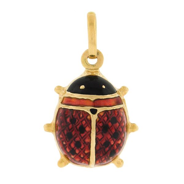 Vintage 18K Yellow Gold Red & Black Enamel Textured Puffed Ladybug Charm Pendant