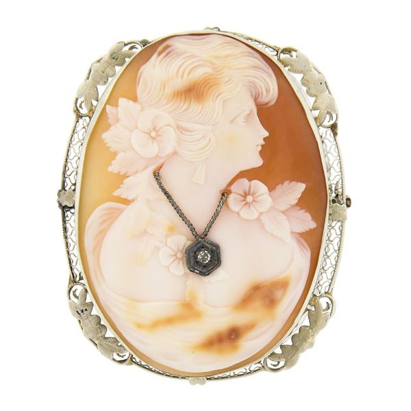 Large Vintage 14K Gold Carved Shell Cameo w/ Diamond Filigree Pin Brooch Pendant