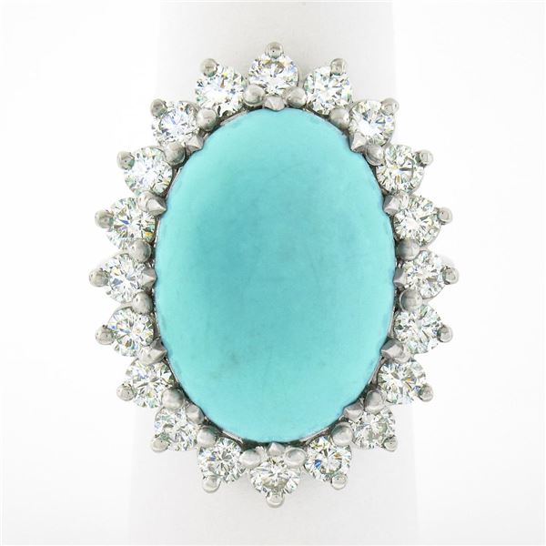 NEW Platinum 22.06 ctw Large Oval Cabochon Turquoise & Diamond Halo Cocktail Rin