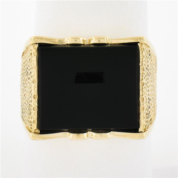 Men's Vintage 14K Yellow Gold Rectangular Black Onyx w/ Textured Sides Wide Ring