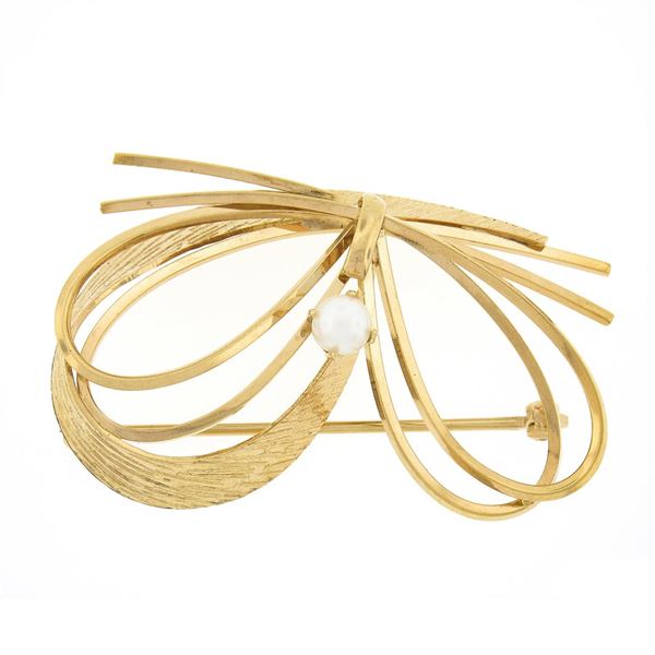 Vintage Carl Art Inc 14k Gold Modernist Wire Work & Pearl Dual Finish Bow Brooch