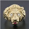 Image 2 : Mens 14k Yellow Gold.13 ctw Ruby Diamond Eyes Detailed Textured 3D Lion Head Rin