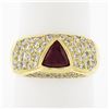 Image 2 : 18K Yellow Gold GIA Bezel Triangular Ruby Solitaire Pave Diamond Dome Band Ring