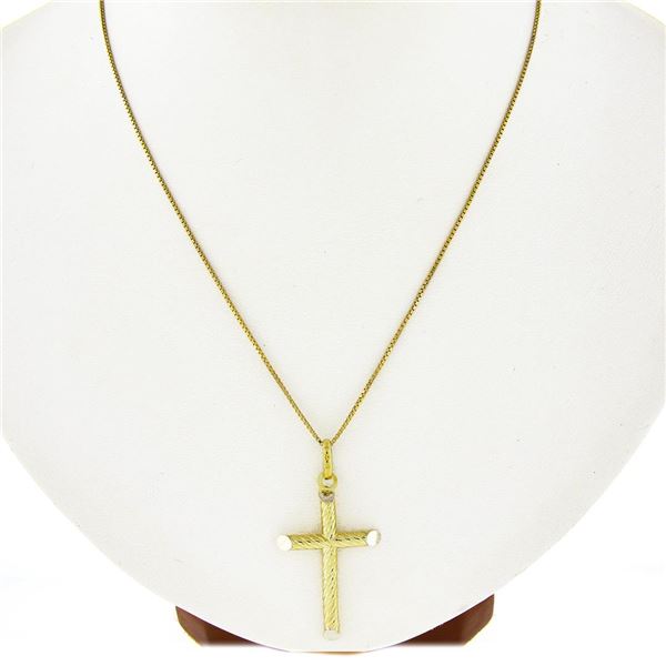 14K Yellow Gold Cable Textured Puffed Cross Pendant w/ 16" Box Chain Necklace