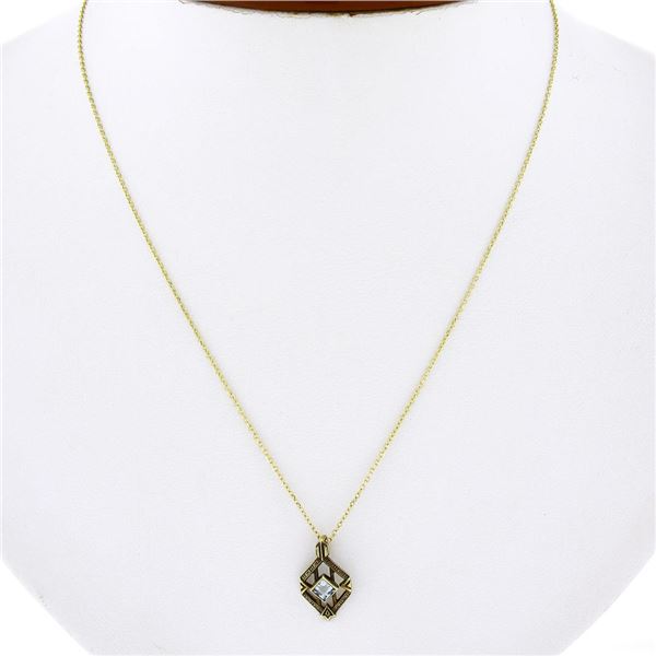 Antique Art Nouveau 14K Gold Aquamarine Hand Etched Open Petite Pendant & Chain