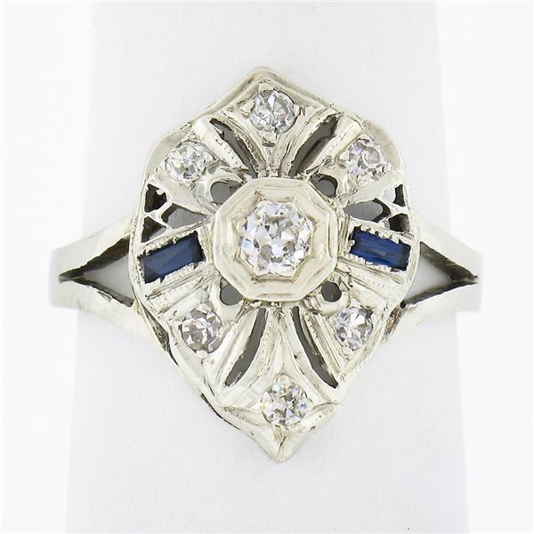 Antique Art Deco 14k White Gold 0.24 ctw Diamond Sapphire Filigree Open Work Rin