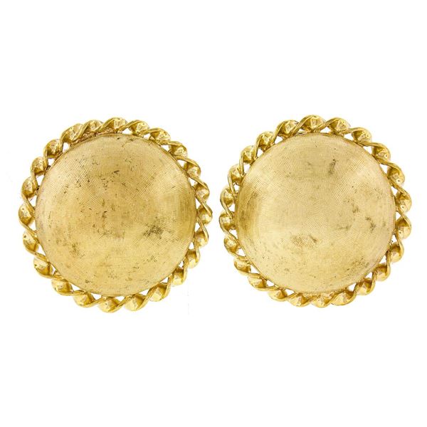 Vintage 14K Gold Florentine Finish Twisted Wire Frame Large Dome Button Earrings