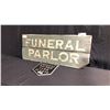 Image 1 : FUNERAL PARLOR 4' X 19" WOODEN SIGN AND METAL 12" X 14" DOUBLE SIDED PARKING SIGN