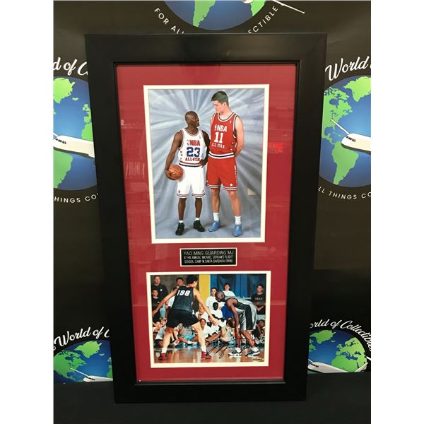 MICHAEL JORDAN SIGNED AND CUSTOM FRAMED YAO MING ROOKIE CAMP DISPLAY (UPPER DECK COA)